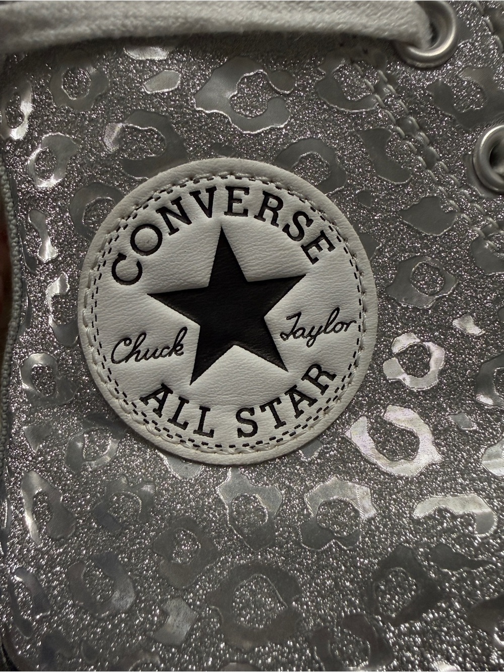 Converse Chuck Taylor All Star High Top Sneakers in Silver Glitter Leopard Print - Picture 4 of 5